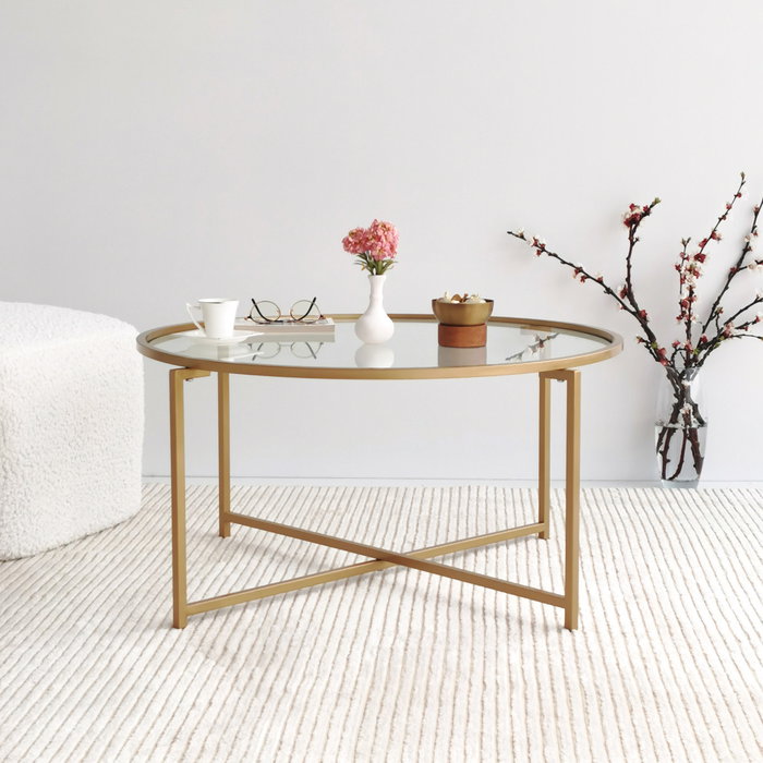 Hanah Home Gold Sun S404 Mesa de Centro con Cristal Templado Dorado